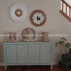 Vietnam Vintage Home Decor Natural White <b>Blue</b> <b>Feather</b> Wall Art Mirror Hangings with Rattan and Seagrass Woven Design - Product Image 4