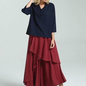 Robe longue à col en V et manches longues, ourlet superposé, couleur contrastante, coupe ample, formelle, 100% lin crêpe respirant, brodée, pour femme, été - Product Image 1
