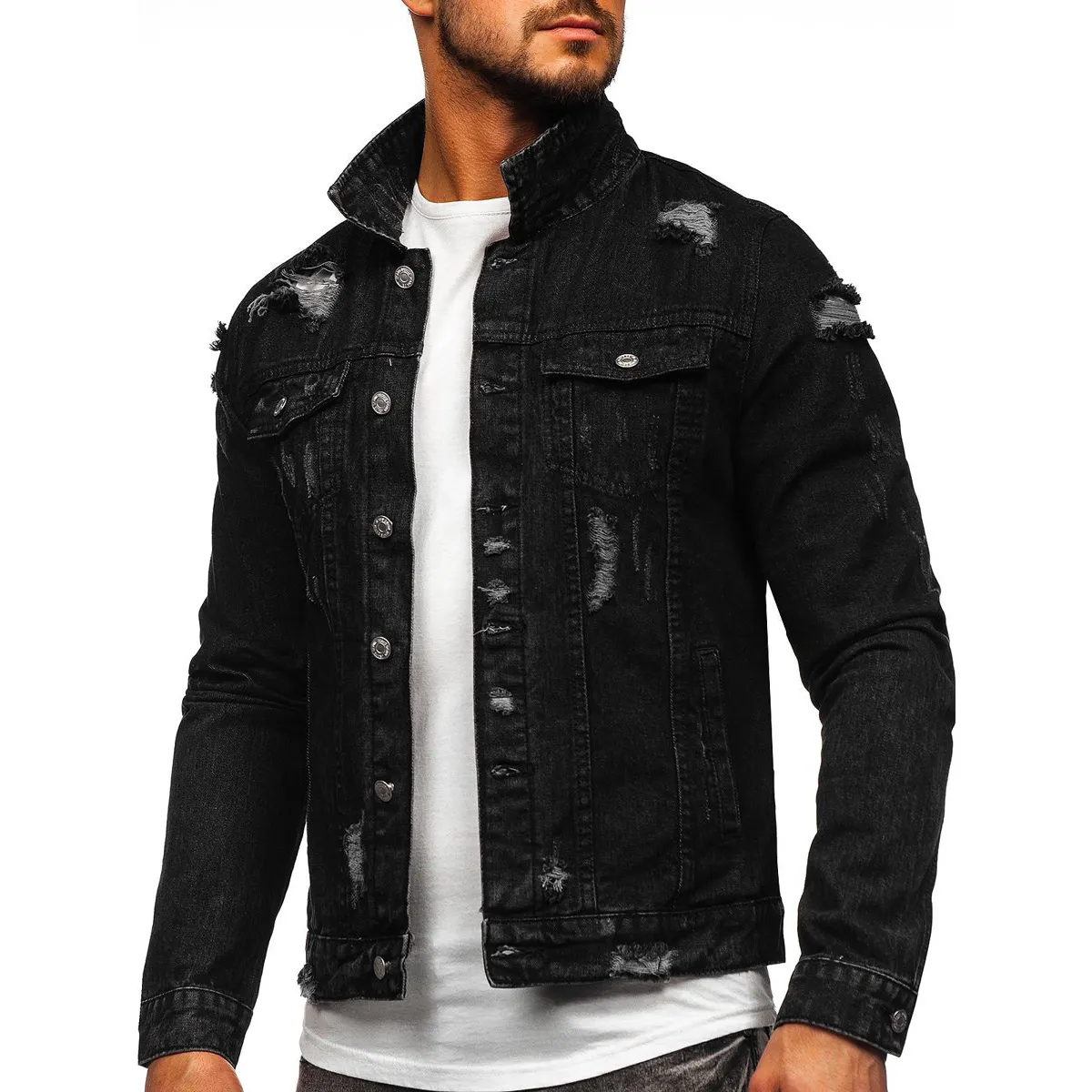 Black Funky Denim Jacket For Men Ripped Biker Jean Jacket OEM