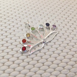 925 argent Sterling mignon Style Chakra coupe pendentif large forme de Lotus avec multi pierres précieuses lunette ensemble bijoux élégants - Product Image 1