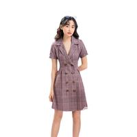 Robe T-shirt en lin à carreaux pour femme, col rabattu, boutons décoratifs, style vietnamien, tissée, naturelle, automne 2020, haute qualité
