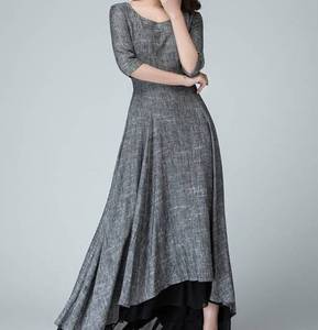 Vestido Maxi de Lino Gris para Mujer, con Forro de Algodón, Corte en A, Manga Corta, Sin Cuello, Dobladillo Asimétrico, Formal, Holgado, para Verano - Product Image 2
