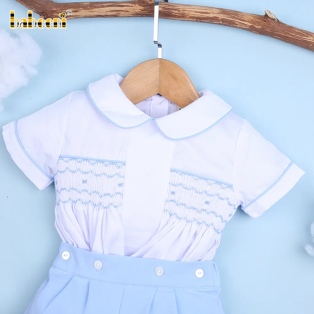 Boy geometrik önlüklü set OEM ODM özelleştirilmiş el yapımı nakış büzgülü çocuk elbisesi toptan üretici-BB2622