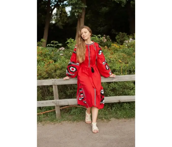 Red Christmas Ukrainian Clothing Embroidery Hand Work Puff Sleeve Occasion Women Unique Bodycon Casual Elegant Long Dress