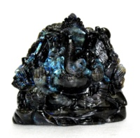 Statue de Ganesha en labradorite naturelle, sculptée, avec éclat bleu-vert, représentant le dieu éléphant assis, style bouddhiste, entièrement sculptée
