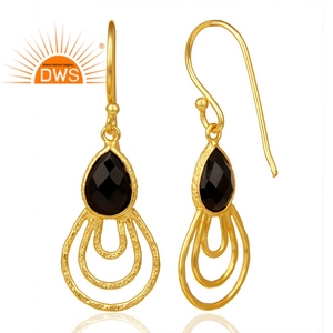 Beautiful <b>Black</b> Onyx Gemstone <b>Earrings</b> Handmade Texture Gold Plated Silver <b>Dangle</b> <b>Earrings</b> Jewelry Wholesale - Product Image 3
