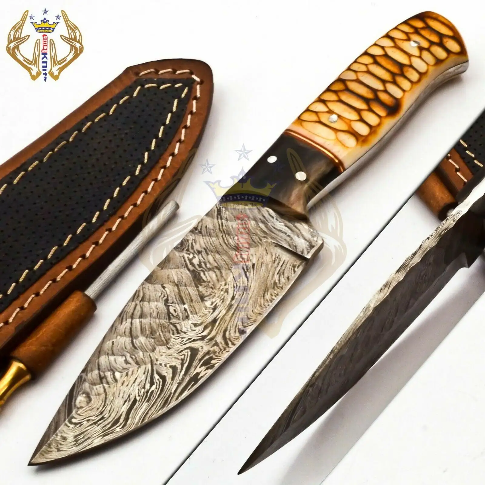 Beautiful Custom High Quality Damascus Steel Fixed Blade Hunting Camping Skinner Knife Handle Forged Camel Bone Bull Horn
