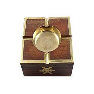 Brass Gold Polished Ash Tray With Wooden Base Handmade Round Shape Ash Tray For <b>Cigar</b> And Cigarette Usage - Product Image 2