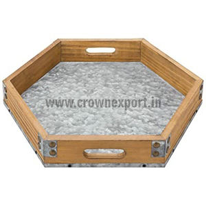 Plat de service de nourriture indienne de qualité supérieure plateau en bois Base galvanisée plateau de service de petit déjeuner hexagonal dernière conception café - Product Image 1