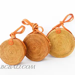 Bolsas de mimbre de paja con círculo Natural, juegos de 3 tamaños, venta al por mayor, precio Original, mango de cuero de exportación de la mejor calidad