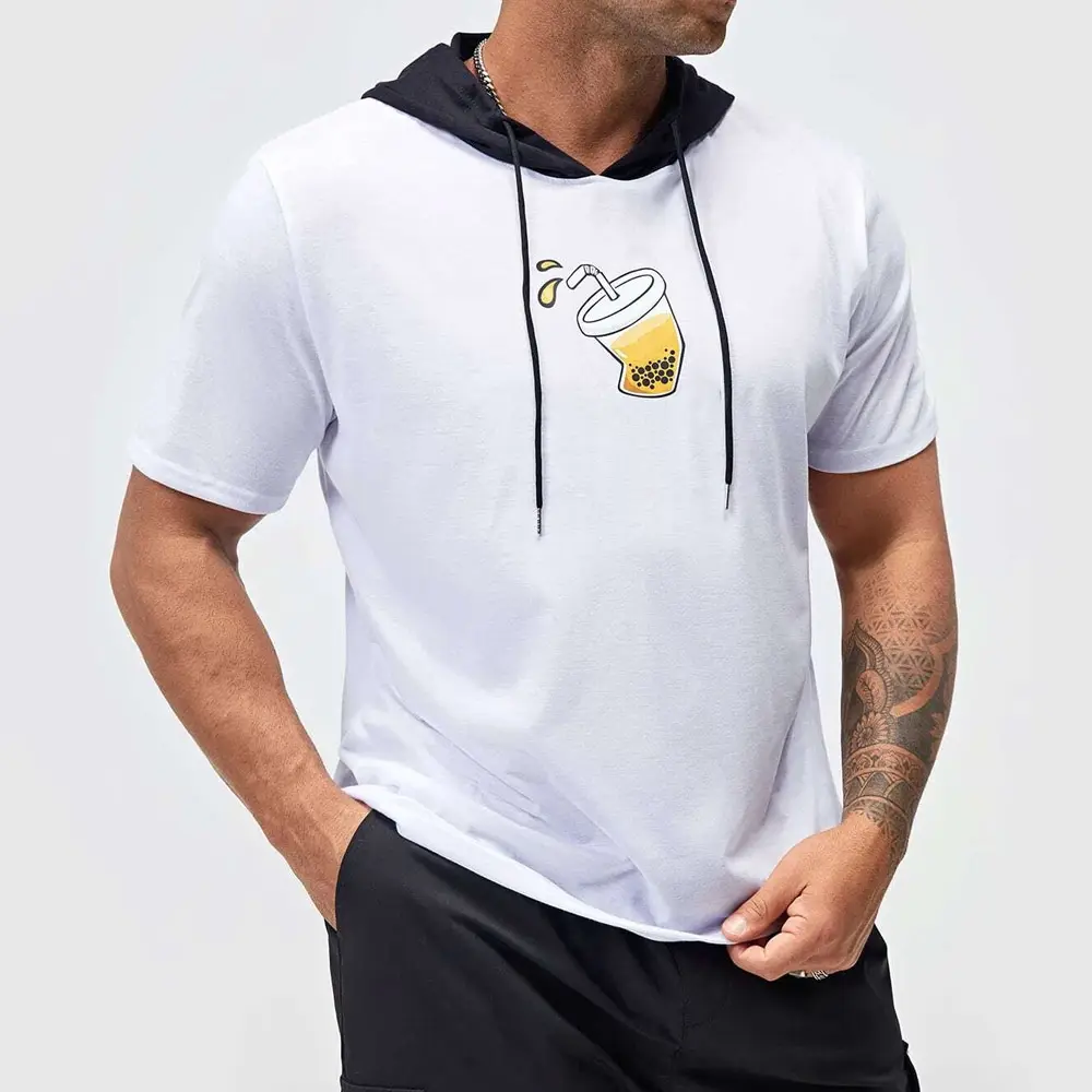 Letter Graphic Drawstring Hooded Tee Quick Dry Bodybuilding Muscle Fitness T-Shirts With Hood