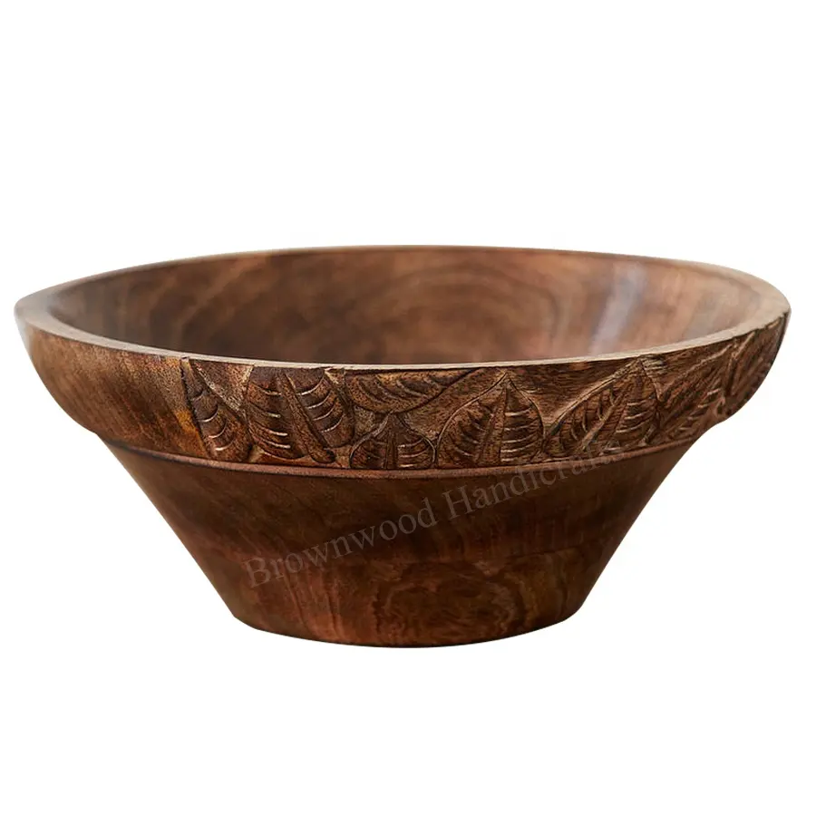 جودة قوية من الخشب المنحوت يدويا سلطة تقديم وعاء مع نسيج ورقة تصميم الزاوية وعاء تقديم اليدوية. بسعر معقول