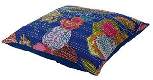 <b>Blue</b> Handmade Embroidery Work Kantha <b>Cushion</b> Pillow <b>Cover</b> Throw 16\" Indian Floral Printed Square Traditional Ethnic Art Hotel - Product Image 2