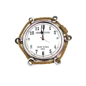 Reloj de pared de ojo de buey náutico, de Metal plateado con cuerda de yute, personalizado