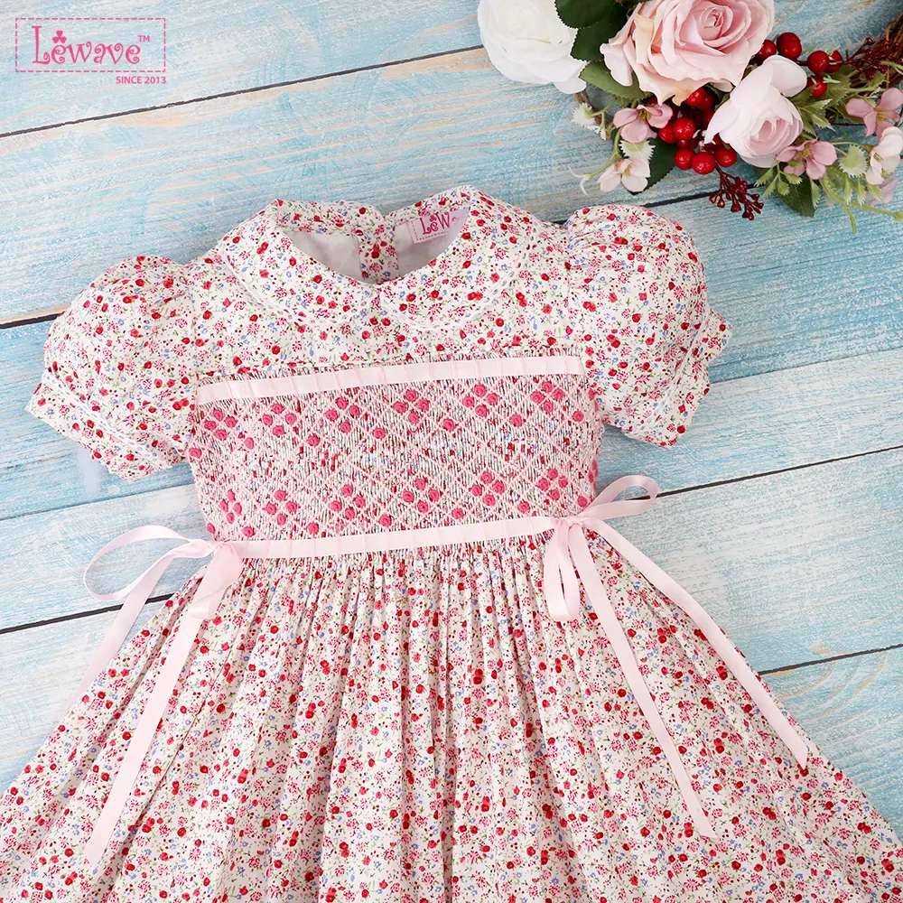 Robe smock florale pour bébés filles OEM ODM robes décontractées pour enfants vente en gros robes smockées personnalisation broderie-LD220