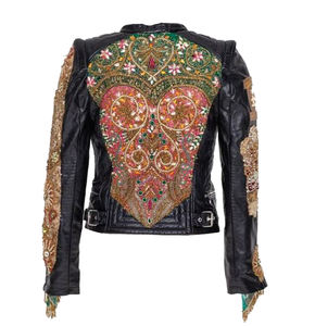 Chaqueta de Cuero Negra de Diseño Único, Estilo Étnico Banjara, con Bordado y Forro de Algodón para Mujer, Informal - Product Image 1