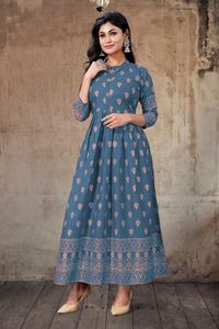 Kurti Anarkali ชุดสูท,ชุดสูทสำหรับสตรีดีไซน์ยาวผ้าเรยอนพิมพ์ลายฟอยล์พร้อมใช้งานชุดสูท Anarkali/ชุดเดรส Anarkali/ทำงานด้วยมือ Anarkal By Royel Export - Product Image 3