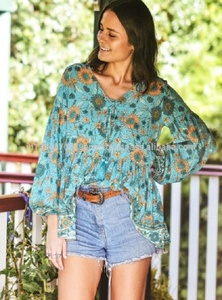 Boho Floral Print Chiffon Loose Top With <b>Lantern</b> Sleeves V-Neck Summer Casual Women's Breathable Full Sleeve Blouse - Product Image 2