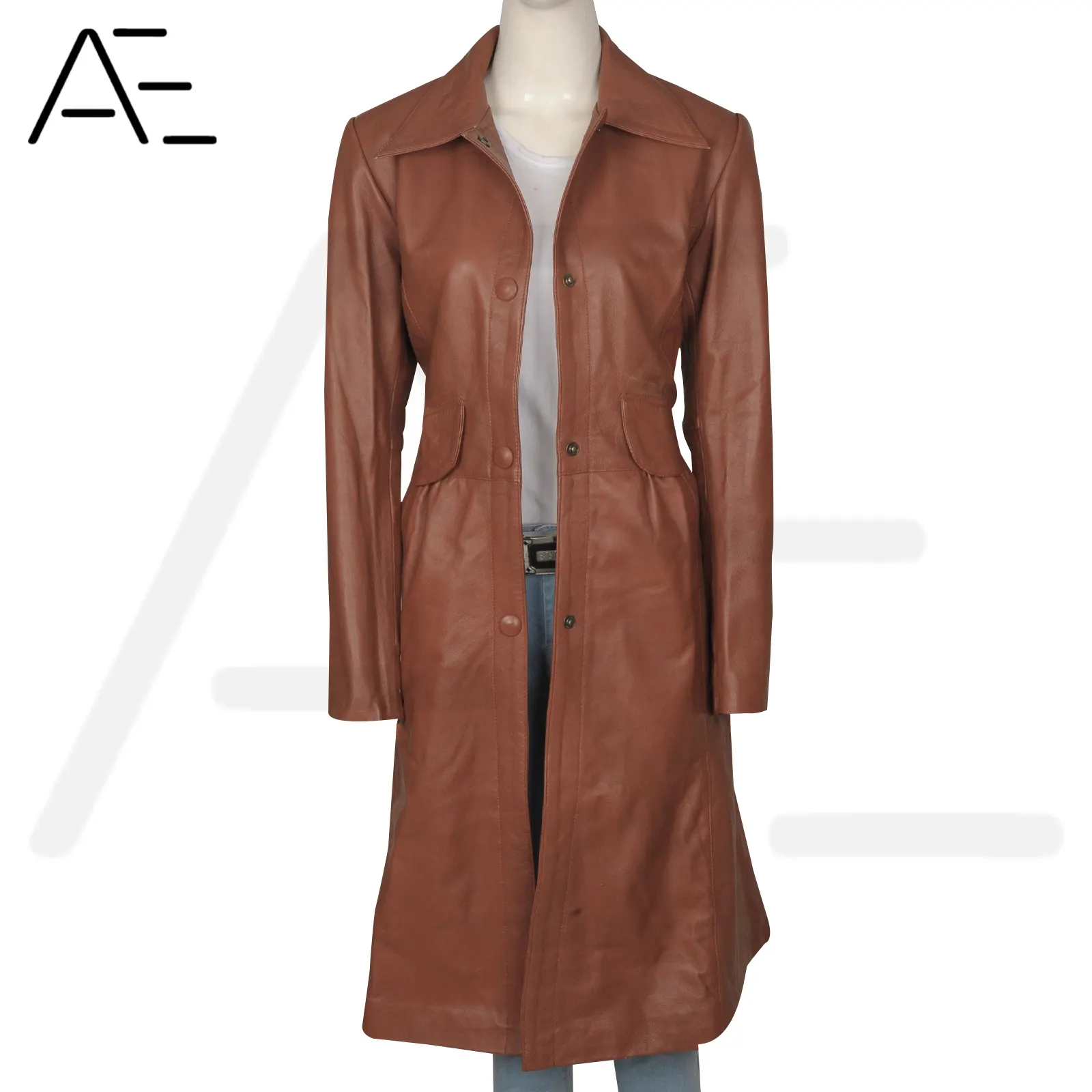 Long Coat Leather Custom Colours High Quality Cow Hide Leather Brown Coat Button Closure Leather Jackets And Coats For Women