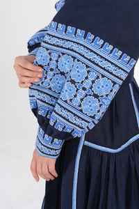 Atractivo verano azul Sexy cuello redondo manga larga 100% algodón vestido Casual mujeres elegante cintura alta Ruche Maxi vestidos - Product Image 3