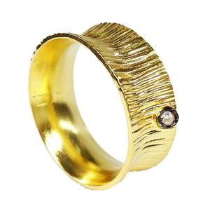 Designer Sterling Silver 925 <b>Gold</b> Plated Oxidized Handcrafted Lining Texture Flat Cut Rose Cut Old Cut Diamond Unique <b>Ring</b> - Product Image 1