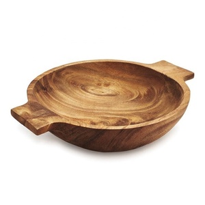 Cuenco para servir dulces de madera natural pulida, rústica, ecológica, con asa decorativa tallada a mano, ideal para regalos empresariales - Product Image 1