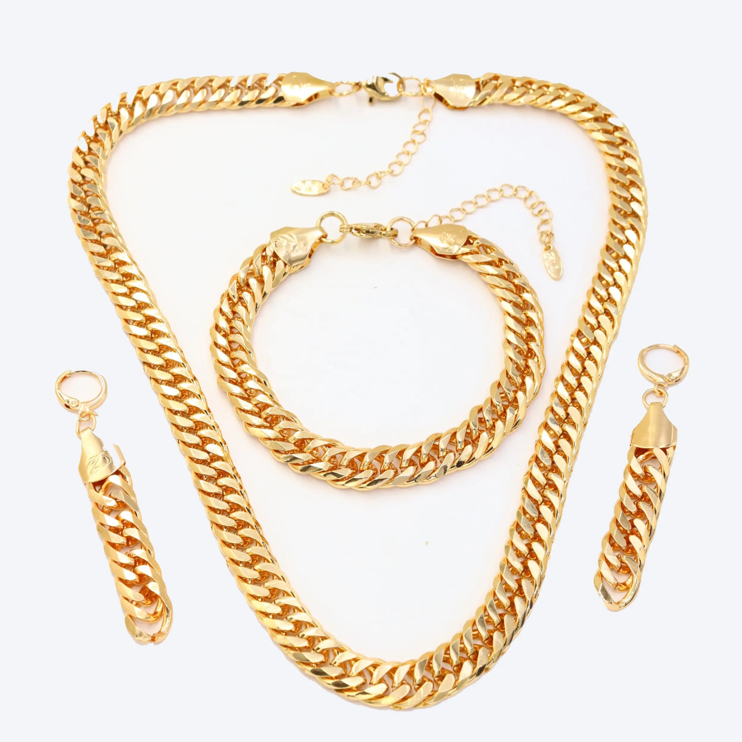 Miami Unisex Cuban Link Rhodium Made Necklace Chain set Bracelet Gold Plated Cuban Link Ear ring Jewellery Set
