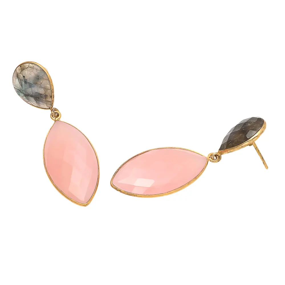 Labradorite & Pink Chalcedony Gold Small Tear Drop Earrings