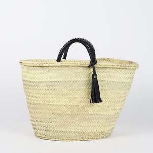 Honolulu Straw Market Basket with Short Black Leather Handles and Tassel - Product Image 1