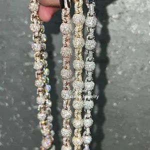 Hip hop round bead 3d design chains men necklace moissanite diamond vvs hand setting 925 sterling silver necklace