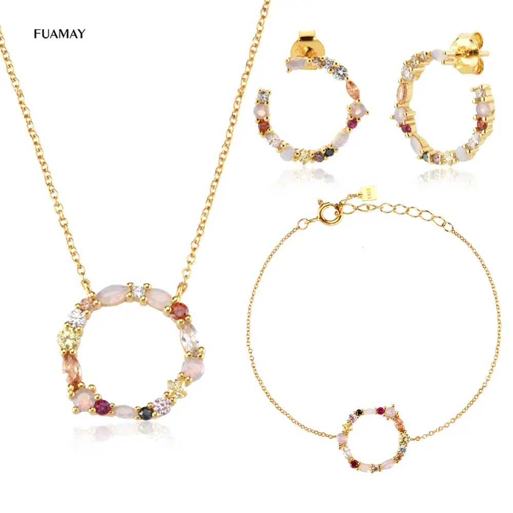 FUAMAY — ensemble de bijoux en guirlande de fleurs, plaqué or 18k, grand cercle géométrique, bracelet, boucles d'oreilles, opale, arc-en-ciel