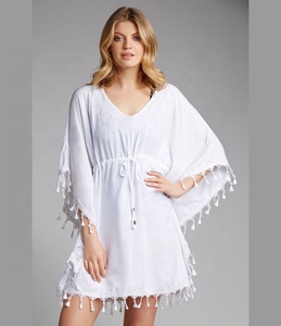 Trendy Seller Beach Wear 2024 Collection of <b>Women's</b> Wear Rayon Embroidered Short Caftan Beach Cover Ups <b>Poncho</b> With Tassel Lace - Product Image 1