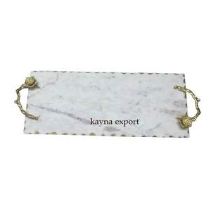 Artisanat métal feuille d'or design poignée plateau en marbre avec bord doré décoration de table plateau en marbre - Product Image 1