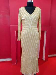 Elegante estilo indio con cuello en V vestido de noche bordado a mano con cuentas patrón de cintura Natural decoración para mujeres de talla grande - Product Image 2