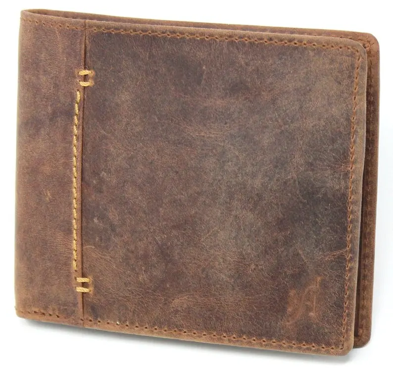 Billetera de cuero genuino desgastado para hombre, billetera con bloqueo de Id Rf, monedero y bolsillo para ventana de identificación, LWT-0016 personalizado