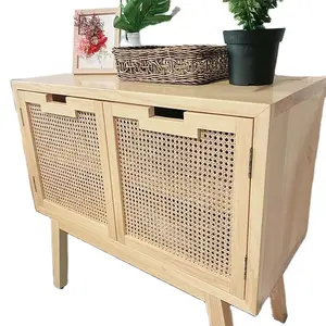 Retro Bohemian White Oak Sheet Eco-friendly H85cmxW90cmxD40cm Rattan Storage Cabinet with Fumigation Legal Wood Certificate