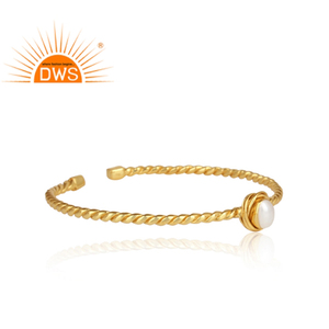 Wrapped Oval <b>Pearl</b> Gemstone Gold Plated 925 Silver Handmade Twisted Cuff <b>Bracelet</b> <b>For</b> <b>Women</b> Gift <b>For</b> Her - Product Image 2