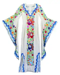 Handarbeit im mexikanischen Stil Bestickte Schmetterlings ärmel Kaftan Caftan Hochzeits fest Boho 100% Baumwolle Maxi kleid