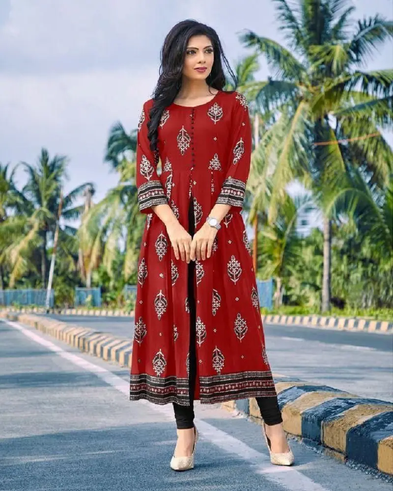 long kurtis with center cut for women Indian rayon cotton fabrics low price cheap Kurtis wholesale printed kurti