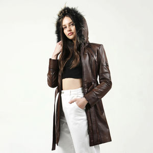 Chaqueta larga de cuero para mujer, calidad superior, capucha de cuero interior con piel, 100% - Product Image 2