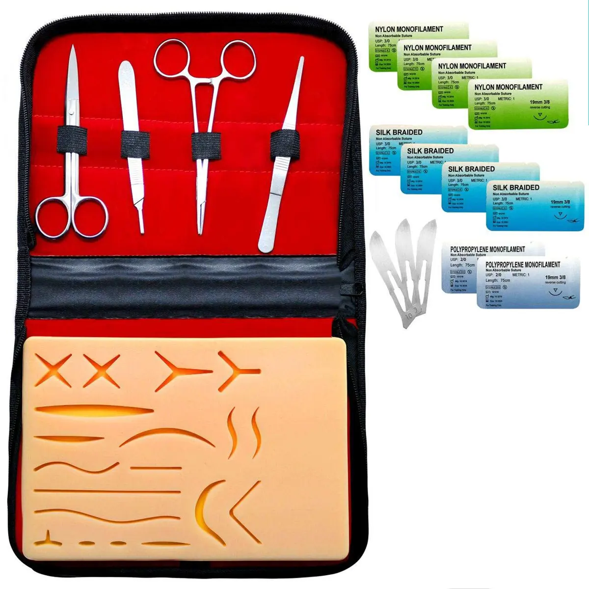 Suture Practice Kit for Medical Students Includes Complete Tool Kit Extra Large Silicone Pad with 19 Pre-Cut Wounds