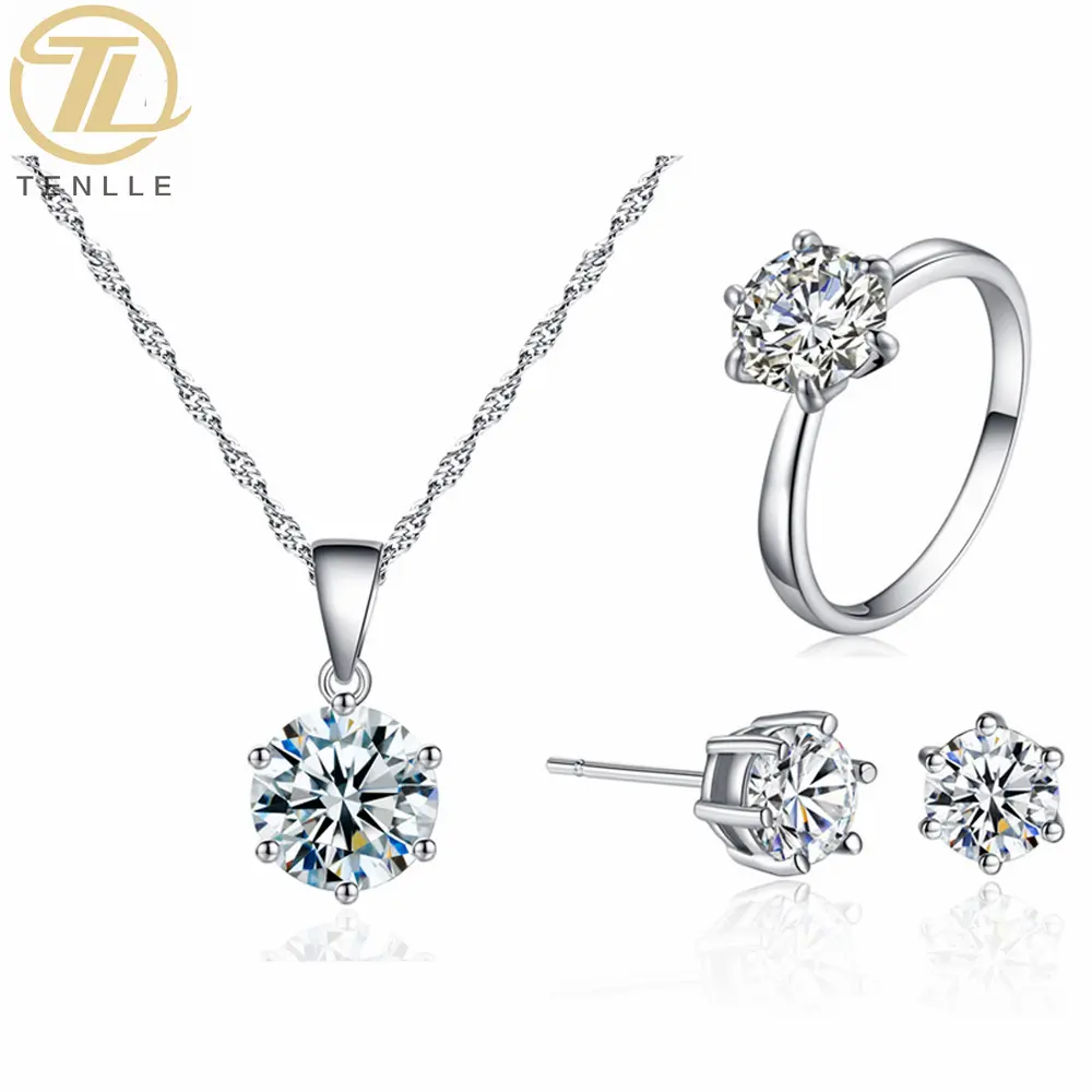 Jewelry Suppliers Minimalist Wedding Jewelry Set Wholesale Silver 3pcs Cubic Zircon Pendants Diamond Necklace Earrings Ring Set