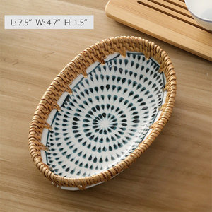 Rattan Serving Tray and Coaster Set with Sakura Pattern/ Woven Serving Tray/ Rattan and Ceramic Tray - Product Image 3