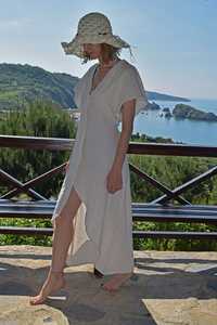 Nuevo Vestido Formal de Lino Lavable para Mujer, Estilo Moderno, Color Negro Crepé, Cuello en V, Manga Media, Largo hasta el Suelo, con Botones - Product Image 5