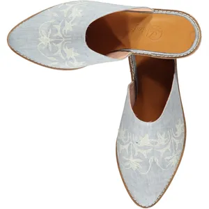 Handmade Slipper Shoe Genuine Leather with Block Print Slipper Azra Air Blue Ecru Hand Printed Closed Ladies Slippers