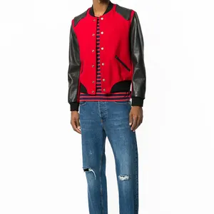 Chaqueta universitaria de fabricación paquistaní para hombre, Mangas de cuero rojo, botón de soporte transpirable, reversible informal a la moda - Product Image 1