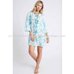Bohemian Style Cotton Chiffon Dress Turquoise Star Print <b>Lantern</b> Sleeve <b>Mini</b> Casual Eco-Friendly Plus Size Summer Dress Women - Product Image 2