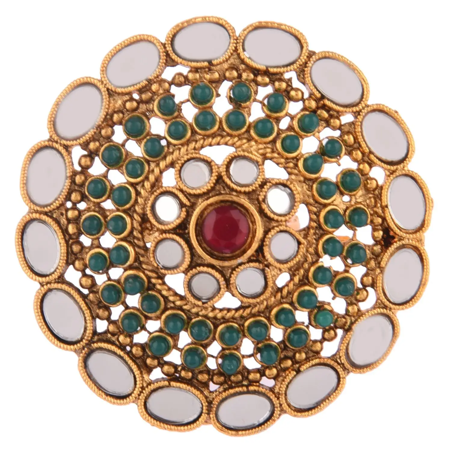 مجوهرات هندية من أحجار زجاجية مرصعة باللؤلؤ قابلة للتعديل ، خواتم بأصبع كبيرة من المجوهرات المصنعة بالجملة ، باللون الأخضر
