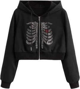 Veste à capuche pour femmes, tenue nouveau Style, manches longues, court, avec cordon de serrage, imprimé strass, 2020 - Product Image 1