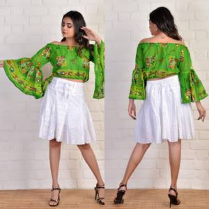 Micro Mini été en mousseline de soie bohème jupe haut ensemble avec manches cloche noeud haut court imprimé fleuri respirant grande taille - Product Image 5